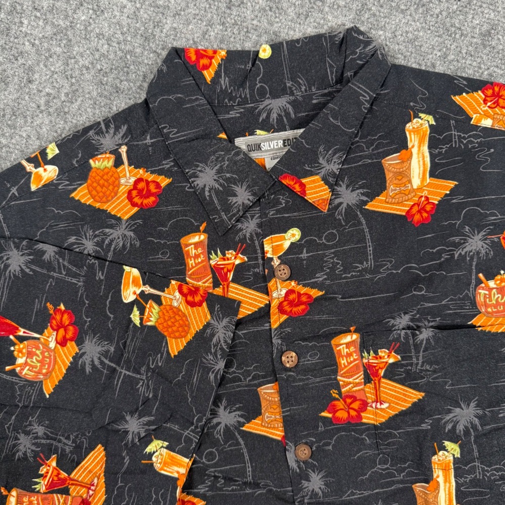 Quiksilver Edition Shirt Large Black Hawaiian Tropical Cocktail Comfort Fit Mens